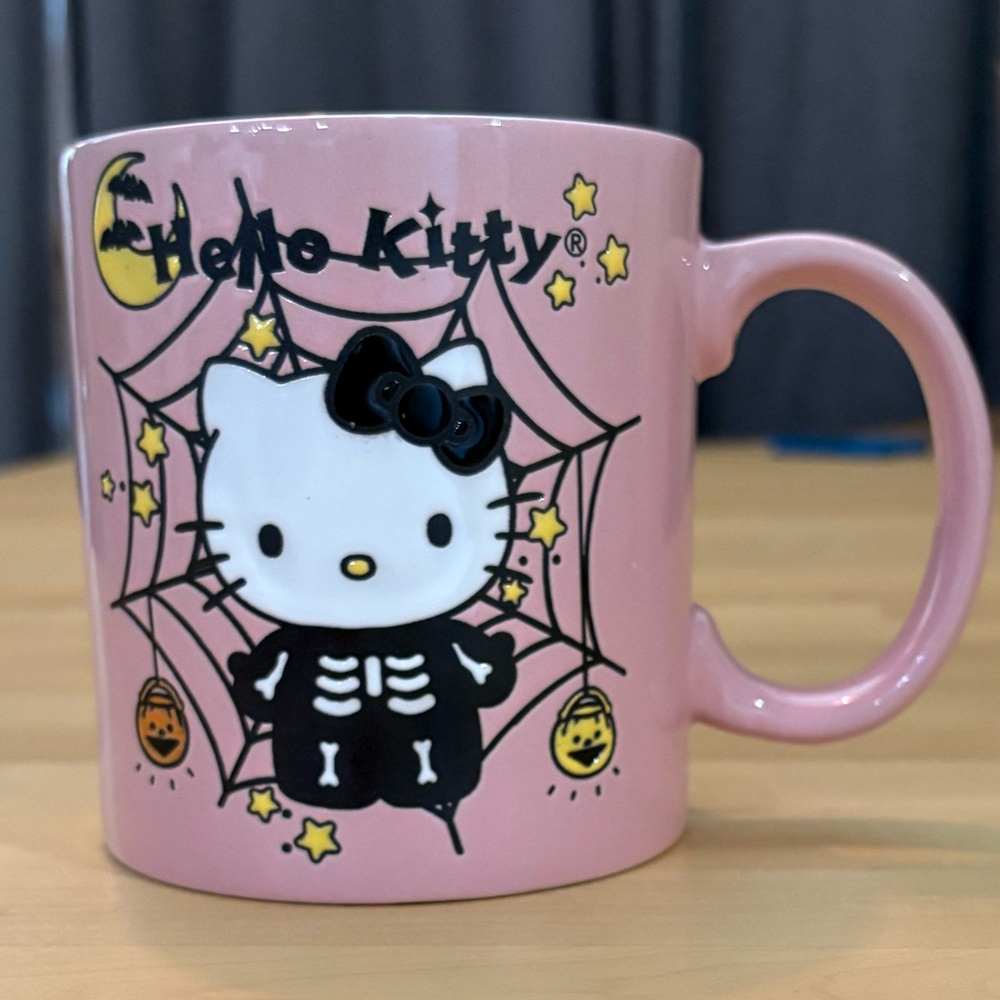 NWT Hello Kitty Pink Skeleton Mug Halloween Hand Painted Spider webs spooky